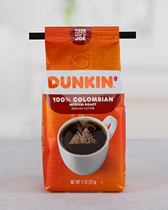 Orange Dunkin' coffee bag with black Peel & Stick tin tie