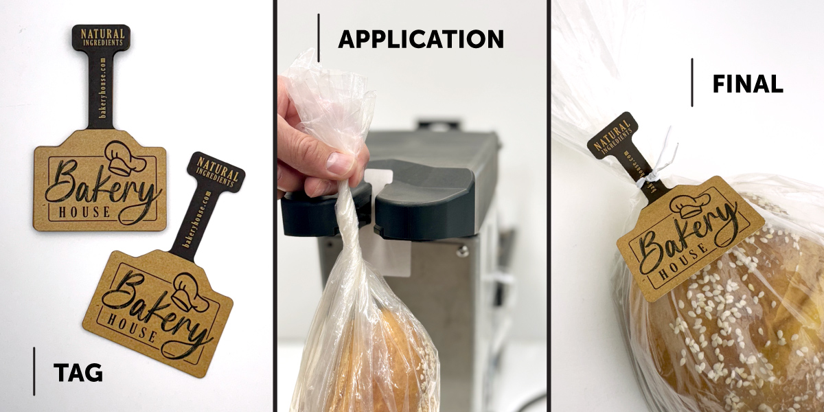 3-step process infographic showing a bag tag application with a bag tag, bread going into twist tie machine, and bag tag applied.